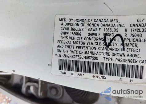 2012 Honda Civic Lx from USA, damaged, VIN 2HGFB2F52CH567590